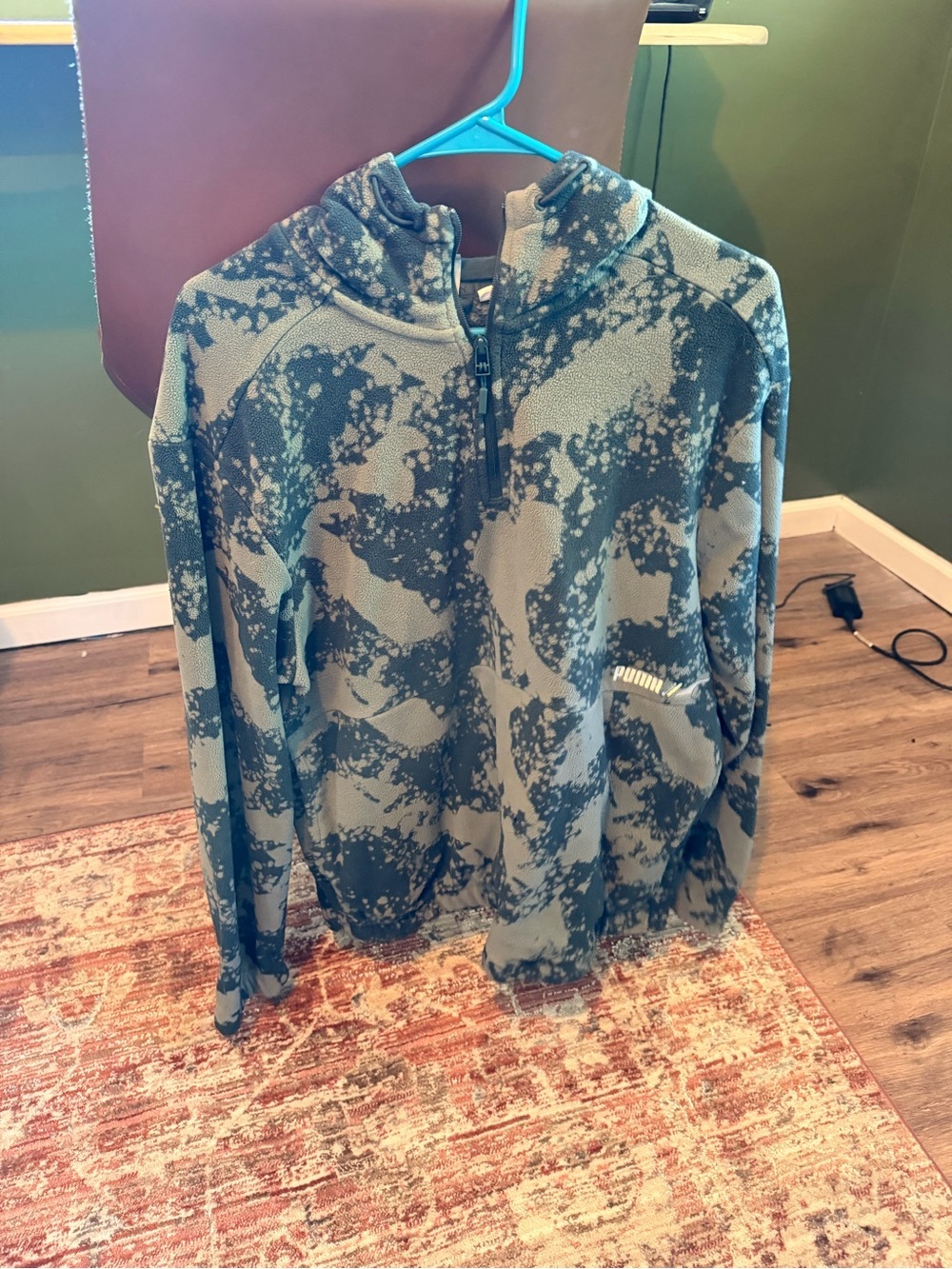 Puma Men's Green and Black Camouflage Quarter-Zip fleece Sweater